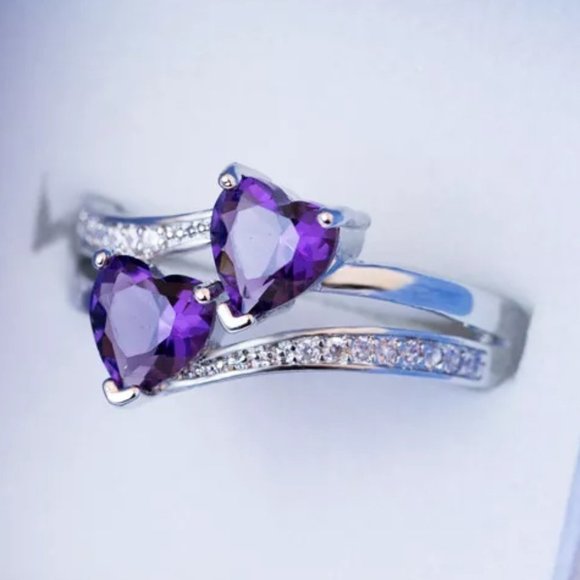 💛 925 Silver Plated Purple Double Heart-Shaped CZ Ring, MLNN1215 - Picture 1 of 2